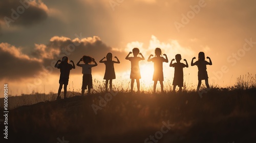 A group of children standing on a hilltop during sunset, silhouetted against the sky. They are confidently posing with flexed arms, symbolizing strength and unity.
