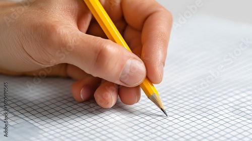 A close-up of a person's hand holding a yellow pencil, writing on a blank sheet of graph paper. The paper has a square grid pattern, and the hand is poised to begin writing.