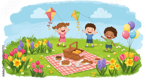 Three happy children fly kites during a picnic in a flower-filled meadow on a sunny day with a blue sky and fluffy clouds.