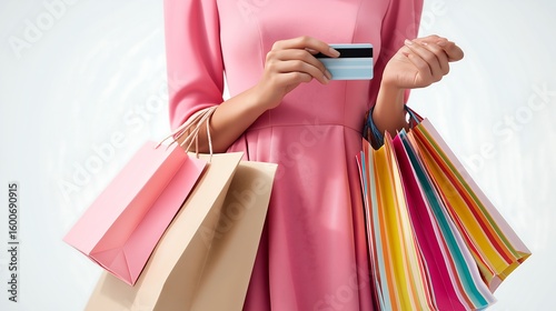 A fashionable woman in a pink dress holding several colorful shopping bags in one hand and a credit card in the other. 