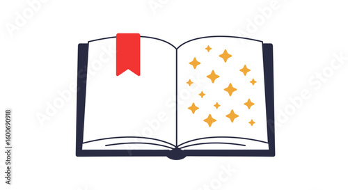 Open book illustration with a red bookmark on the left page and yellow stars on the right page.