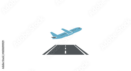 Simple graphic of a plane taking off from a runway.