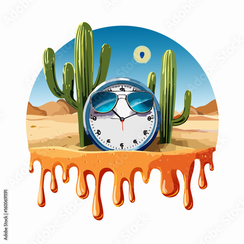 Melting clock with sunglasses in desert setting, symbolizing heat and time passing
