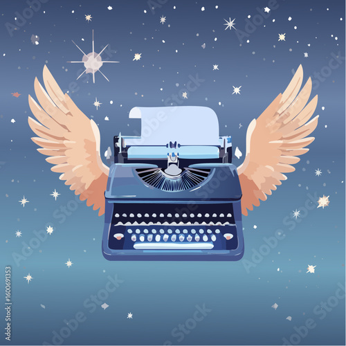 Whimsical winged typewriter floats through starry night sky inspiring creative storytelling and imagination
