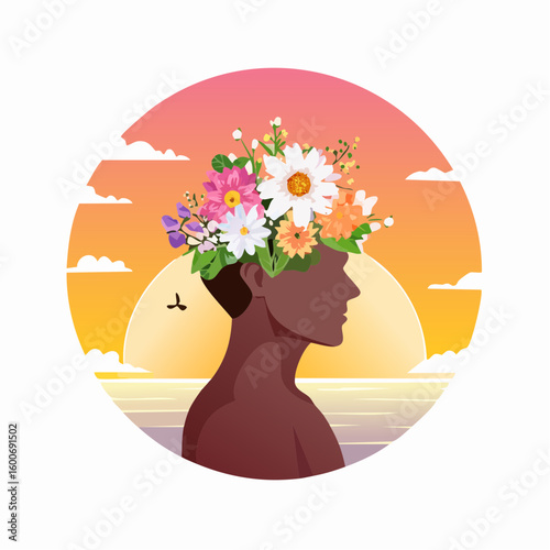 Vibrant mind blooms with colorful flowers against a serene sunset seascape, inspiring creativity