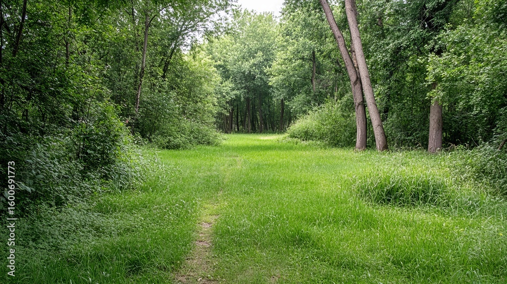 Fototapeta premium Lush green meadow path through a dense forest