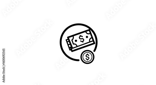 Money and Currency Icon: A sleek, minimalistic icon showcasing a stack of dollar bills and a single coin, perfect for finance, banking, and payment-related themes.