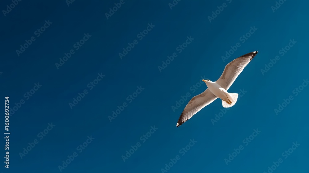 Obraz premium Seagull in Flight Against Clear Blue Sky Captured in Bright Light