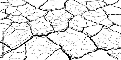 Black and white illustration of cracked, dry earth with deep fractures and irregular textures. Perfect for drought, desert, or environmental-themed designs and nature-inspired backgrounds.