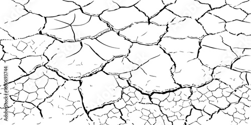Black and white illustration of cracked, dry earth with deep fractures and irregular textures. Perfect for drought, desert, or environmental-themed designs and nature-inspired backgrounds.