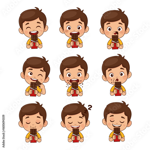 Cartoon Boy Character Eating Chocolate with Various Expressions Set