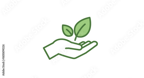 Simple icon of a hand holding sprouting leaves, representing environmental stewardship.