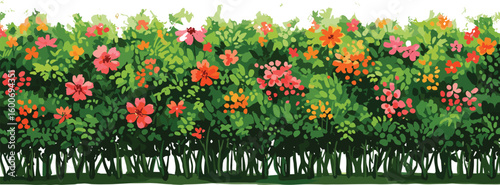 Seamless Colorful Flower Bush Hedge, Garden Floral Border with Leaves, Vector Illustration for Landscape Design, Outdoor Decor, Spring Nature Art