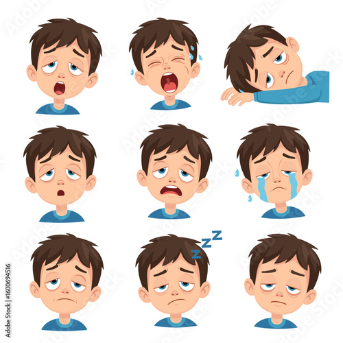 Cartoon Boy Character Looking Tired and Sleepy, Expressions Set
