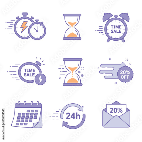 Time Sensitive Sales and Promotions Icons with Clock Hourglass and Calendar