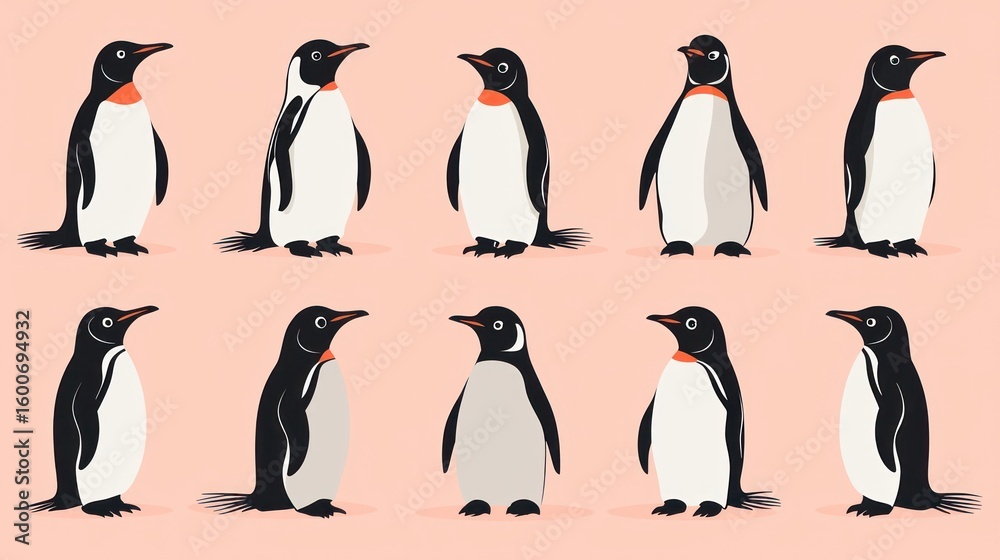 Obraz premium Penguin illustrations various poses on pink background