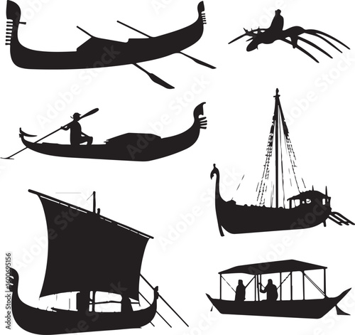 Diverse watercraft silhouettes gondola viking ship