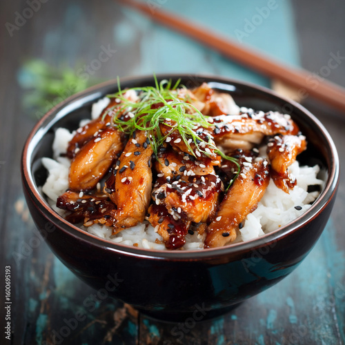 Close up of teriyaki chicken and rice in a black bowl with chopsticks behind