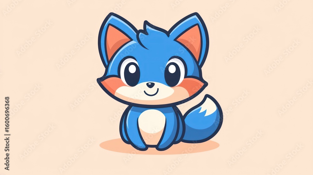 Fototapeta premium Cute cartoon blue fox sitting, cheerful expression, simple background, for kids, social media, or digital products