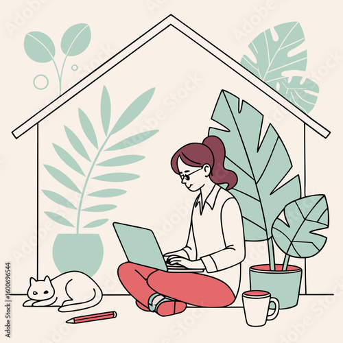 Illustration of remote work lifestyle with woman working on laptop at home surrounded by plants and cat