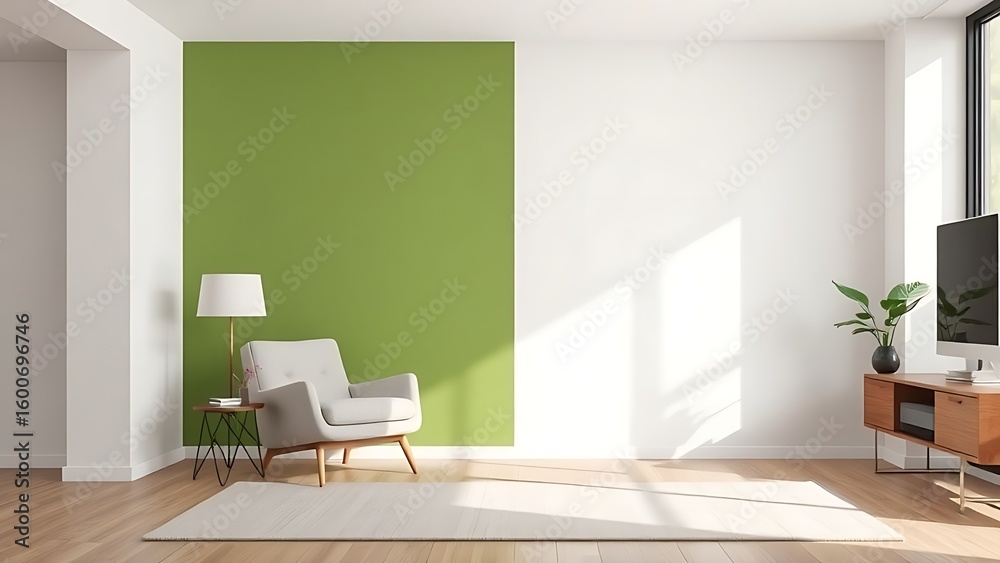 Fototapeta premium Modern living space featuring a green accent wall with minimalist decor and cozy ambiance.