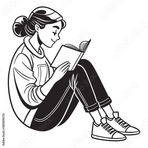 Illustration of a girl reading a book while sitting down vector art for education and leisure activity