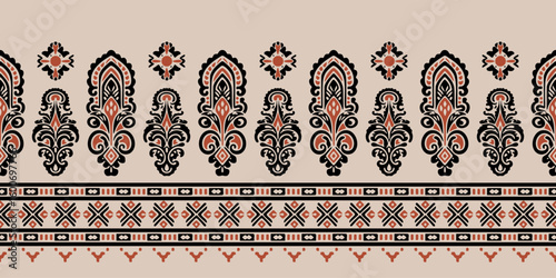 Ikat floral paisley embroidery seamless pattern. Ikat ethnic flower oriental pattern traditional. Motifs African boho. Ethnic ikat floral Border Indian floral Aztec embroidery border