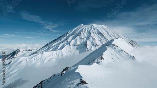 Snow-covered summit of CitlaltÃ©petl volcano with a clear sky and cloud formations visible from a high vantage point.