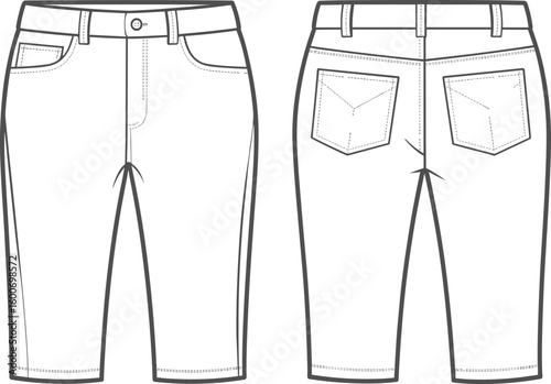 Slim fit knee length pants, front and back view, fashion technical sketch, detailed vector outline, pocket style, stylish garment