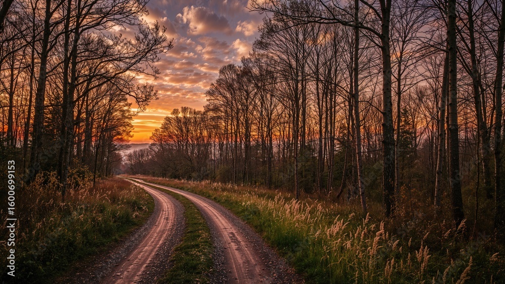 Fototapeta premium Gravel road surrounded by trees under sunset sky