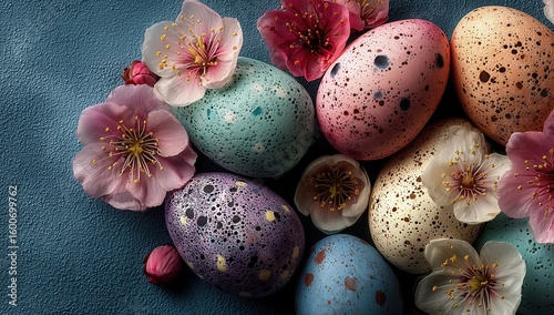 Colorful Easter Eggs with Blossoms on Blue Background for Spring Decor and Greeting Cards