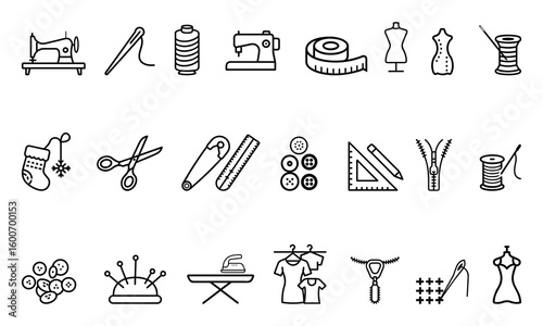 A collection of sewing and tailoring icons is displayed against a white backdrop