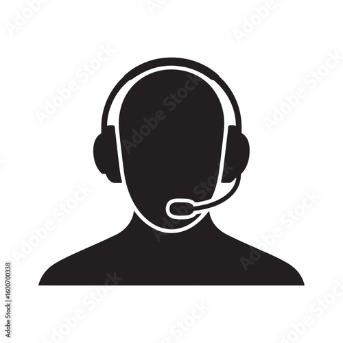 Black silhouette of a person wearing headphones with a microphone audio