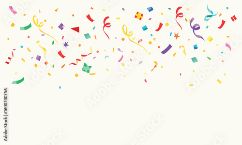 A vibrant array of colorful confetti and streamers are scattered across a white background creating a festive atmosphere