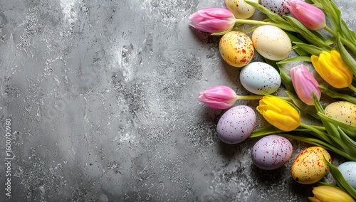 Colorful Easter Eggs with Tulips on a Textured Grey Background for Spring Decor and Festive Celebrations
