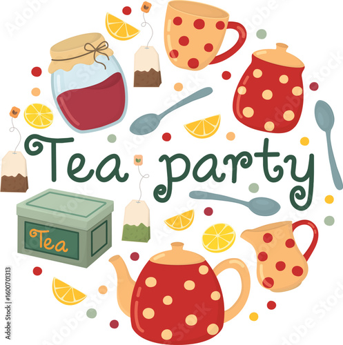 Tea party round design for banner or card with drinkware. Tea time hand drawn set with cute teapot, cup, tea bags, box, spoons, lemons, jam