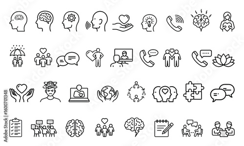 A set of communication and mental health icons including brains hearts and people