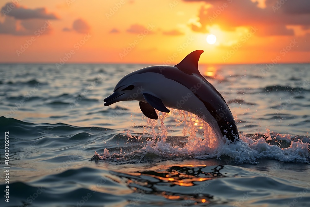 Fototapeta premium A solitary dolphin soars through the air, illuminated by the warm hues of a breathtaking sunset, capturing a moment of freedom and marine beauty.
