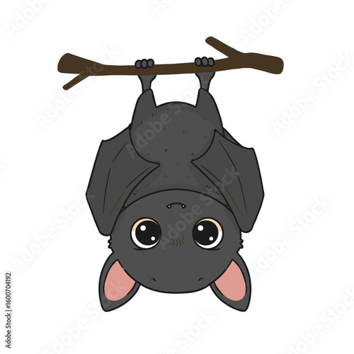 Adorable Cartoon Bat Hanging Upside Down from a Branch