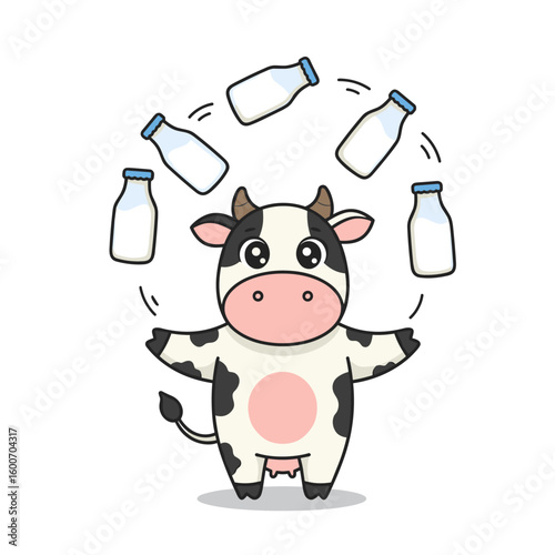 Adorable Cartoon Cow Juggling Milk Bottles, Black and White Spots, Pink Belly, Cute Expression
