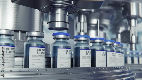 Factory for the production of medical drops or insulin or ampoules for injections. Line for packaging bottles with saline or vaccine. 3d render animation looped