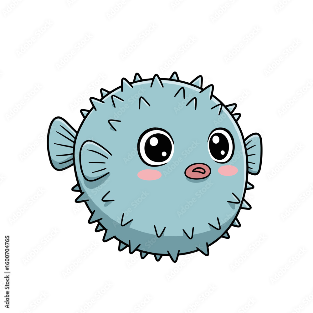 Fototapeta premium Adorable Cartoon Pufferfish with Spines, Large Eyes, and Pink Cheeks
