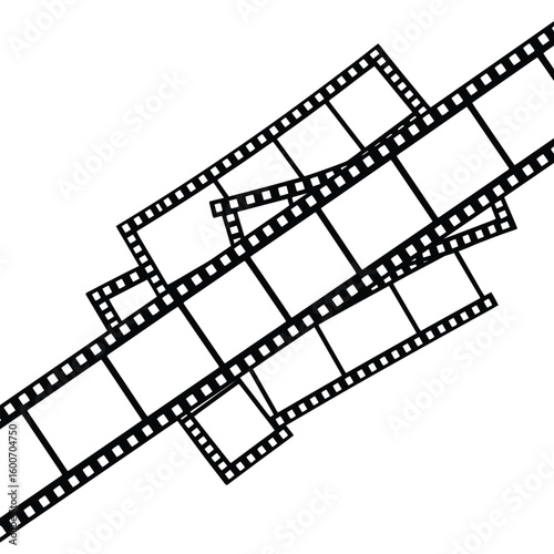 Several film strips are diagonally aligned on a white background, isolated on white background