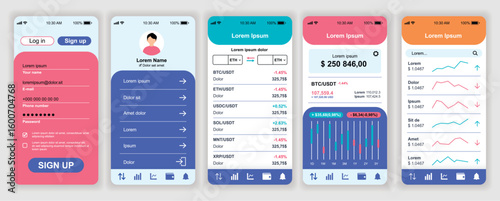 Cryptocurrency mobile app interface templates set. Web design kit with phone display, account, money balance, trade data, statistics chart. Pack of UI, UX, GUI screens for application. Vector design.