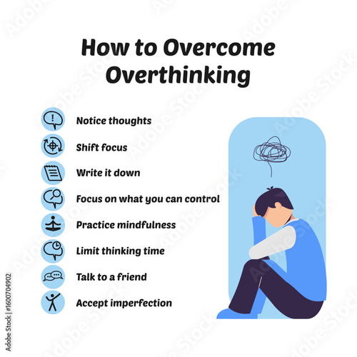 How to overcome overthinking. How to stop worrying. Psychological infographics. banner and poster