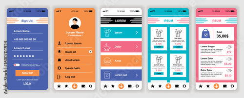 Delivery food mobile app interface templates set. Web design kit with phone display, account, menu, order price, choose meal, payment. Pack of UI, UX, GUI screens for application. Vector design.