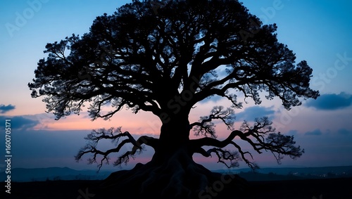 Silhouette of a large tree with spreading branches against a colorful sunset sky landscape view