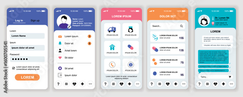 Online pharmacy mobile app interface templates set. Web design kit with phone display, account, settings, pills order, consultation chat. Pack of UI, UX, GUI screens for application. Vector design.