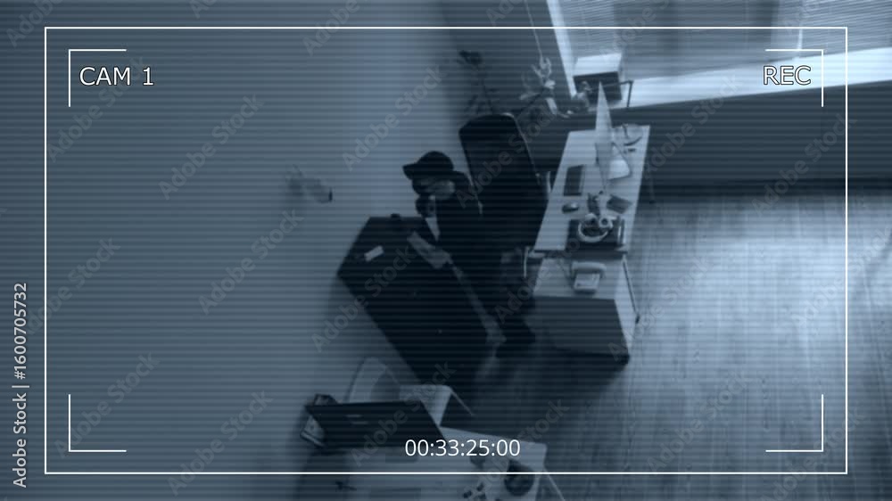 CCTV footage of masked male criminal blocking surveillance camera on wall with adhesive tape blinding security system then hacking into computer while spying in corporate office