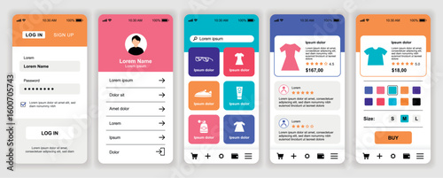 Online shopping mobile app interface templates set. Web design kit with phone display, store assortment, order, choosing colour and size. Pack of UI, UX, GUI screens for application. Vector design.